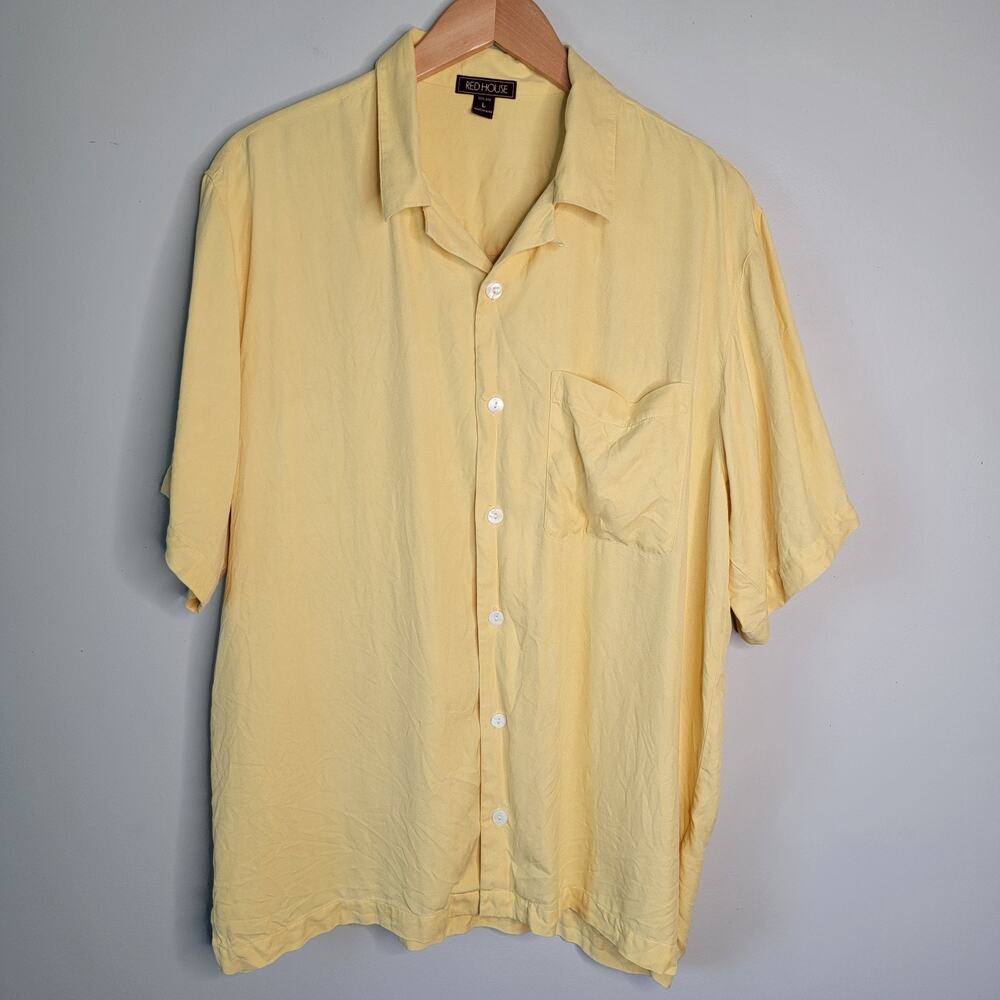 100% Silk Button Yellow Shirt Mens L Cabana Resort Golf Casual Preppy Red House